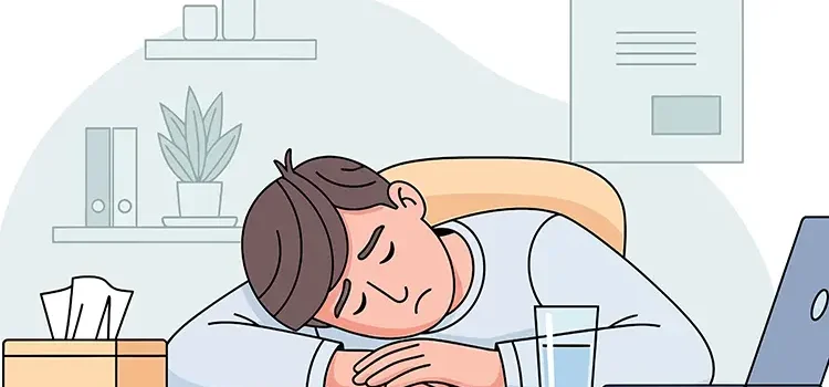 Illustration eines vor Erschöpfung schlafendes Mannes am Arbeitsplatz als Symbol für Warnsignale eines Burnouts (Illustration: © James, Adobe Stock)