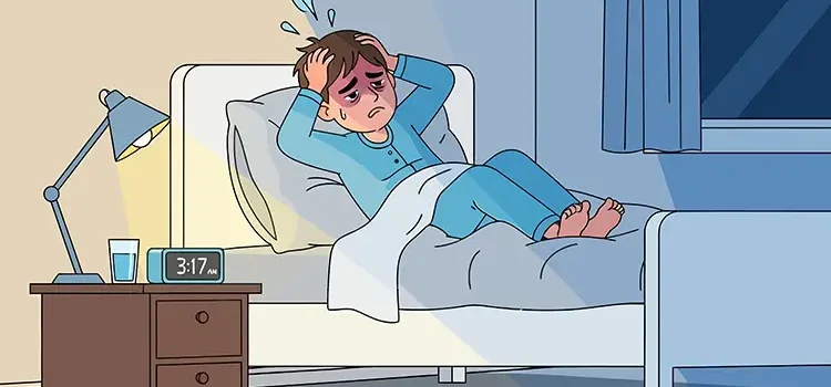 Illustration eines jungen Mannes, der sich mitten in der Nacht im Bett wälzt, weil er vor Sorgen und Ängsten nicht schlafen kann (Illustration: © Rusni, Adobe Stock)